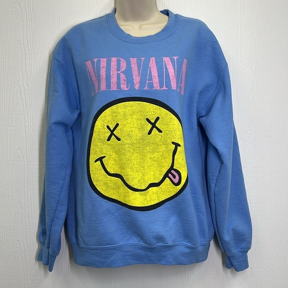 Gildan - Light Blue Nirvana Smiley Face Bright Graphic Crewneck Sweatshirt M - Picture 2 of 8